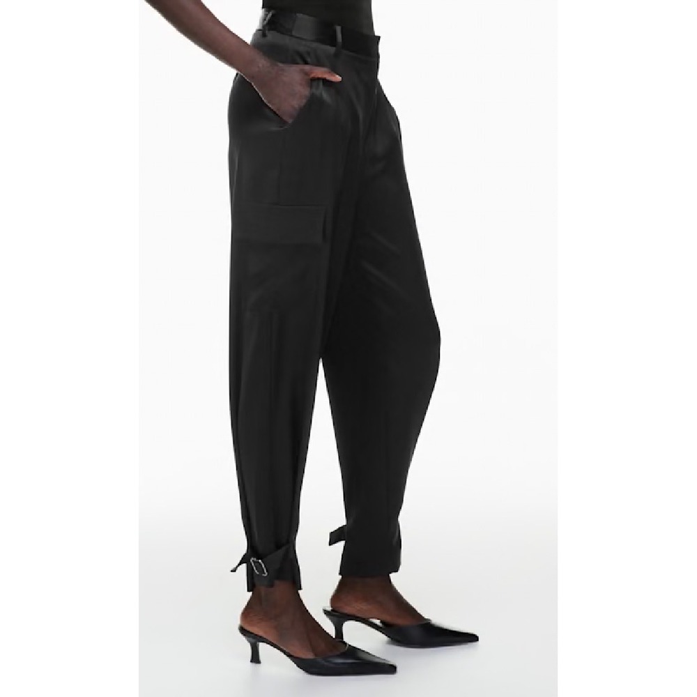Aritzia Babaton Black Satin Cargo Pants High Rise Adjustable Buckle Hem Size 4